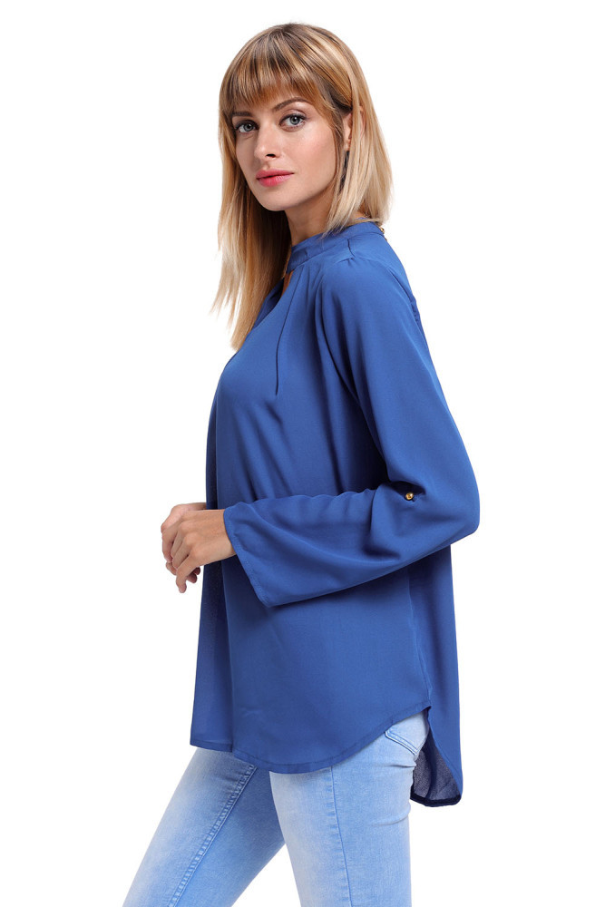 Blue Choker Cut out V Neck Blouse with Keyhole Back