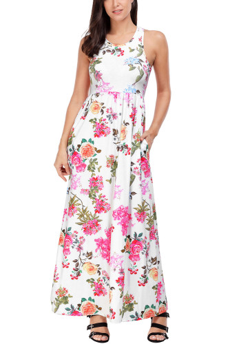 Light Mint Floral Print Sleeveless Long Boho Dress