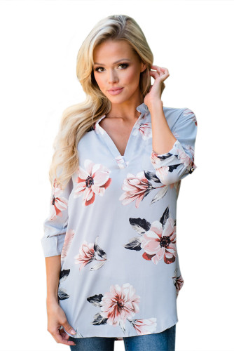 Grey Floral Print High Low Chiffon Blouse