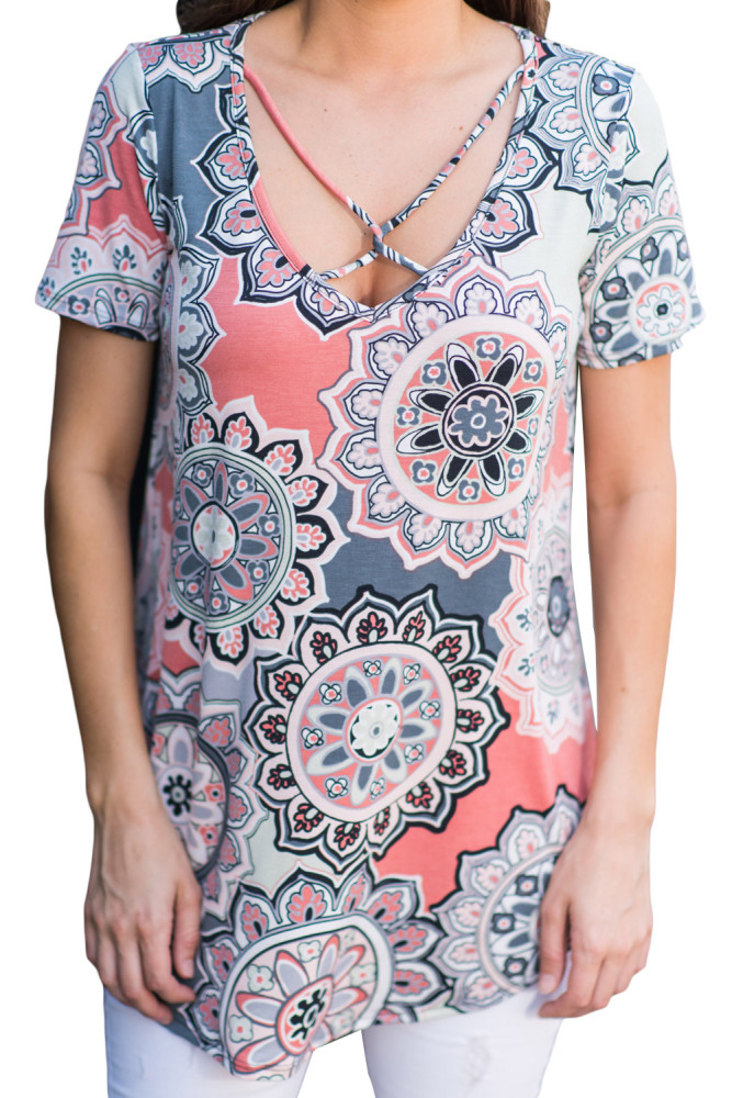 Grey Boho Print Crisscross V Neck Casual Shirt