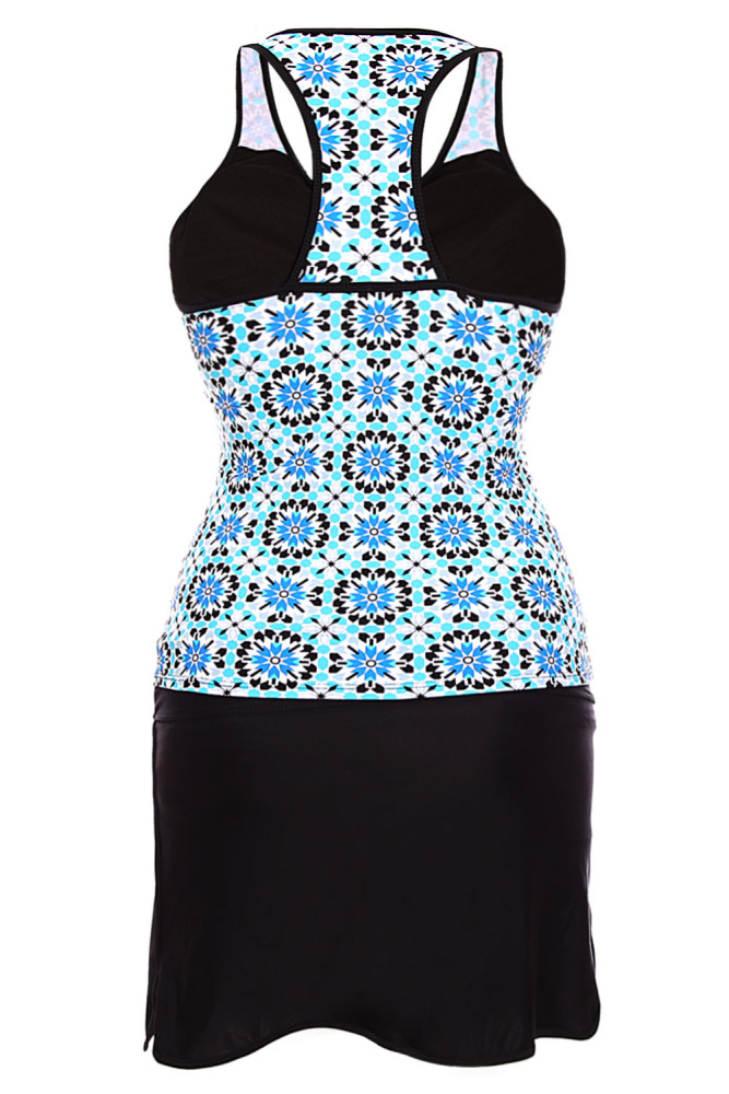 Abstract Print Racerback Tankini Blue Skort Swimsuit