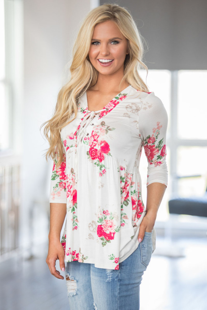 Lace Up V Neck White Floral Blouse