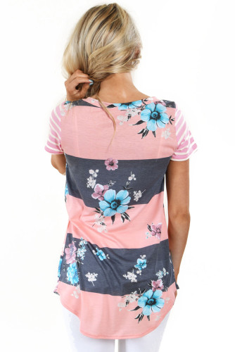 Coral Grey Colorblock Floral Striped Casual T-shirt