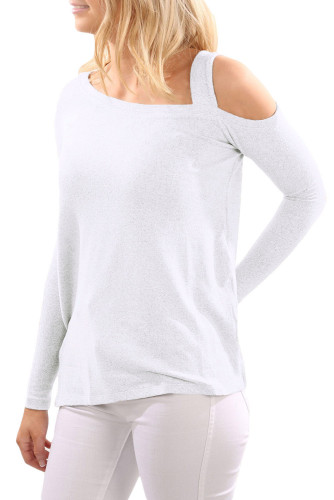 White One Shoulder Long Sleeve Top with Slit