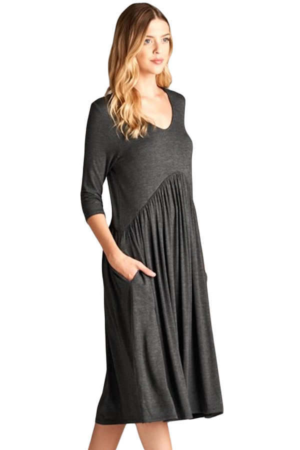 Gray 3/4 Sleeve Draped Swing Dress