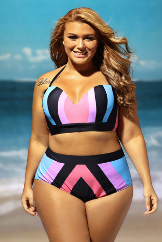 Plus Size Strapped Color Splice Two Piece Swimwear