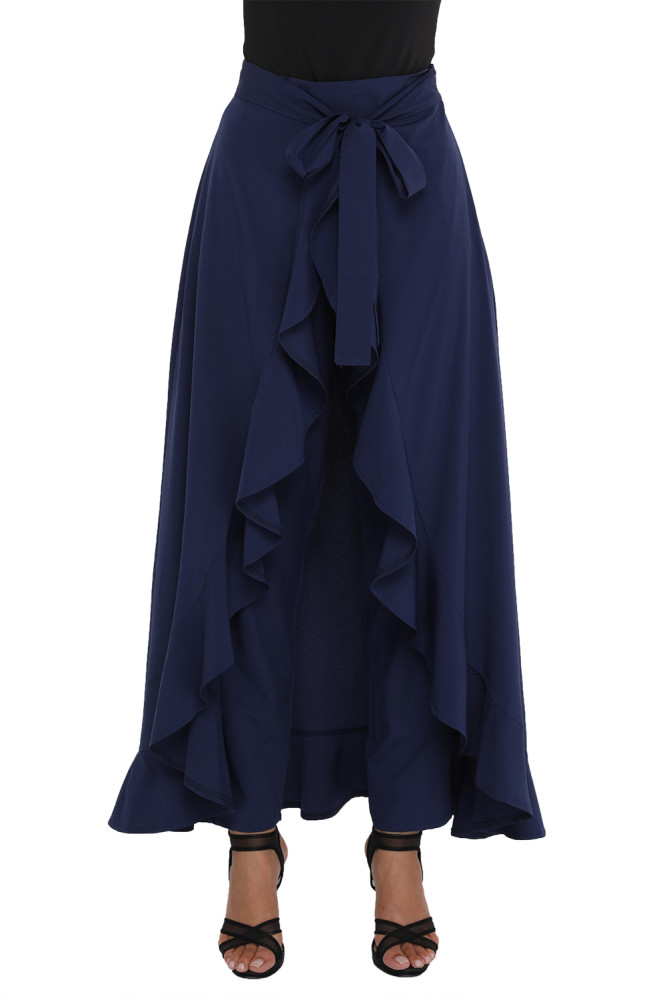 Navy Chiffon Tie-Waist Ruffle Palazzo Pants