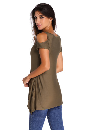 Army Green V Neck Cold Shoulder Swing Top