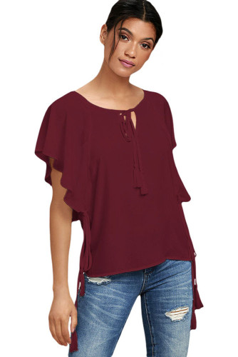 Wine Butterfly Sleeve Top with Tasseled Ties