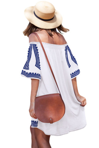White Bohemian Vibe Geometric Print Off The Shoulder Beach Dress