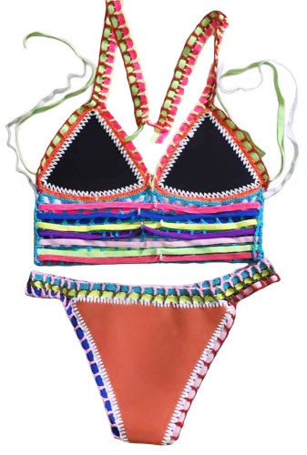 Multicolor Tie Up Crochet Orange Neoprene Bikini Swimsuit