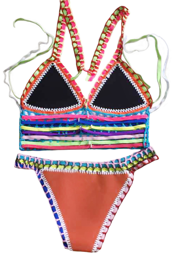 Multicolor Tie Up Crochet Orange Neoprene Bikini Swimsuit