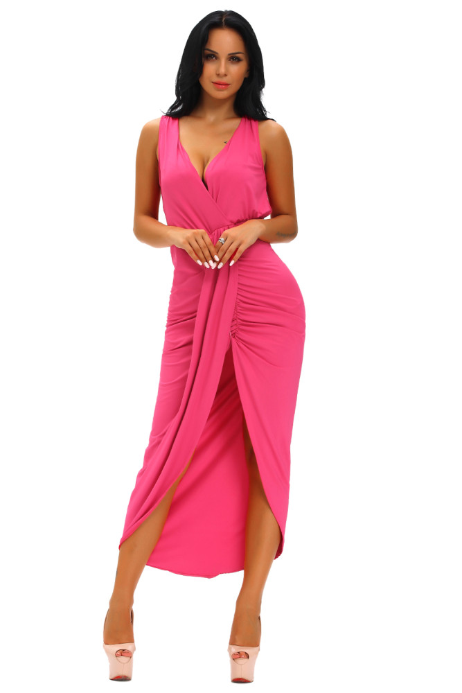 Rosy Draped Slit Front Maxi Dress