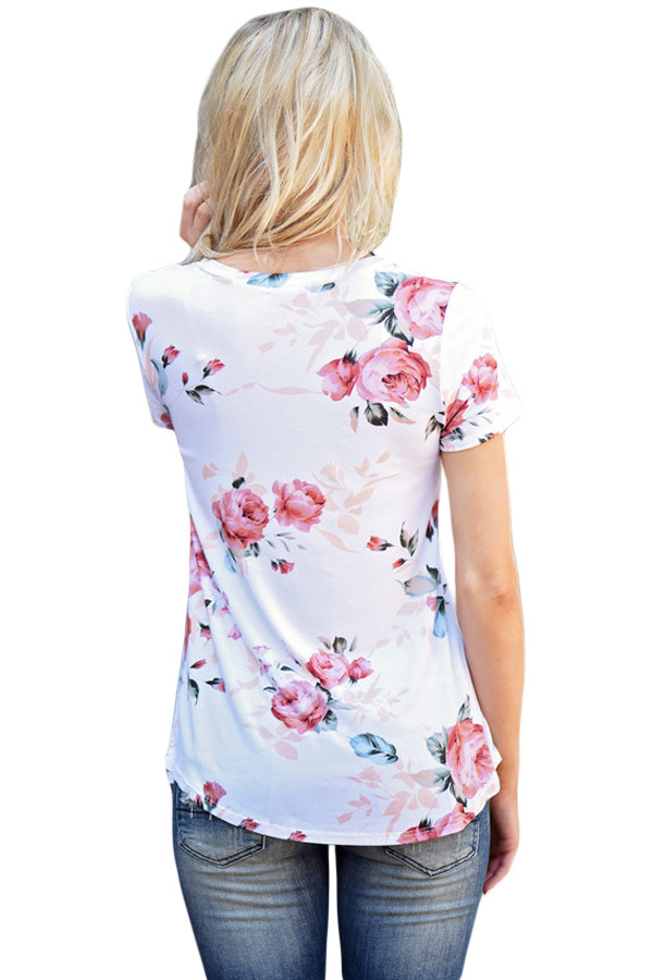 White Short Sleeve Round Neck Floral Printed T-shirt