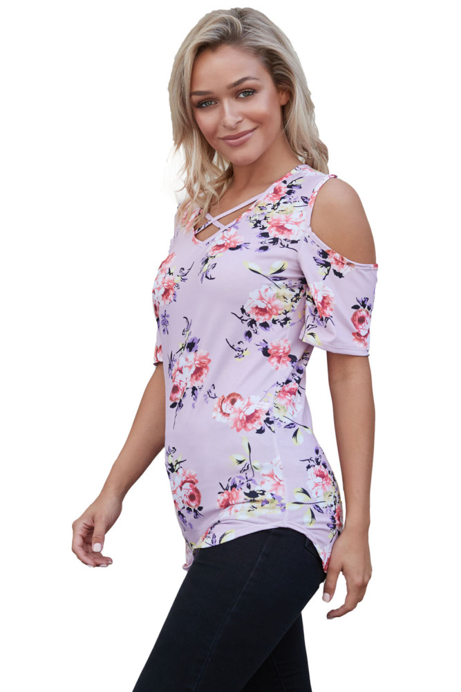 Lavender Floral Print Crisscross Neck Cold Shoulder Top