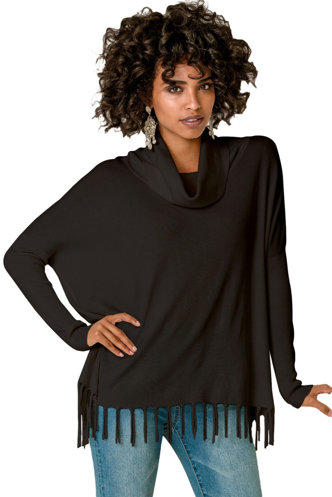 Black Turtleneck Fringe Hemline Tunic Sweater
