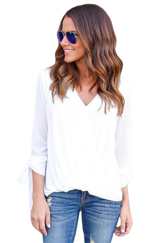 White Womens V Neck Ruched Tie Sleeve Top