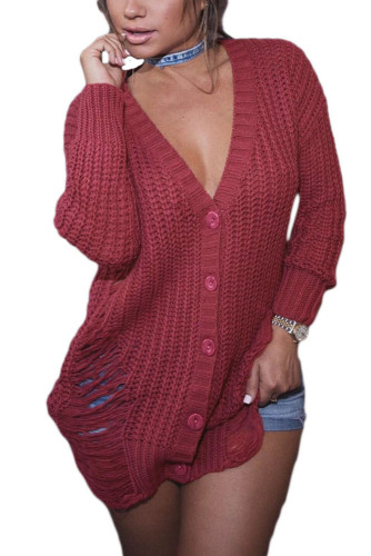 Maroon Button Closure Distressed Long Sweater