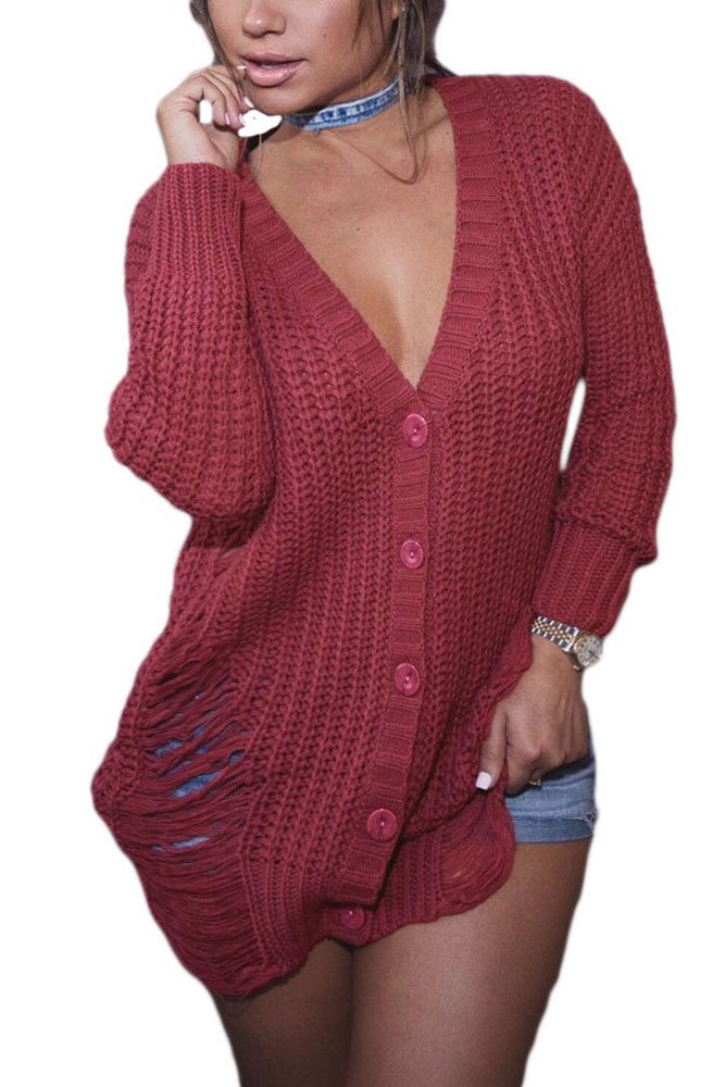 Maroon Button Closure Distressed Long Sweater