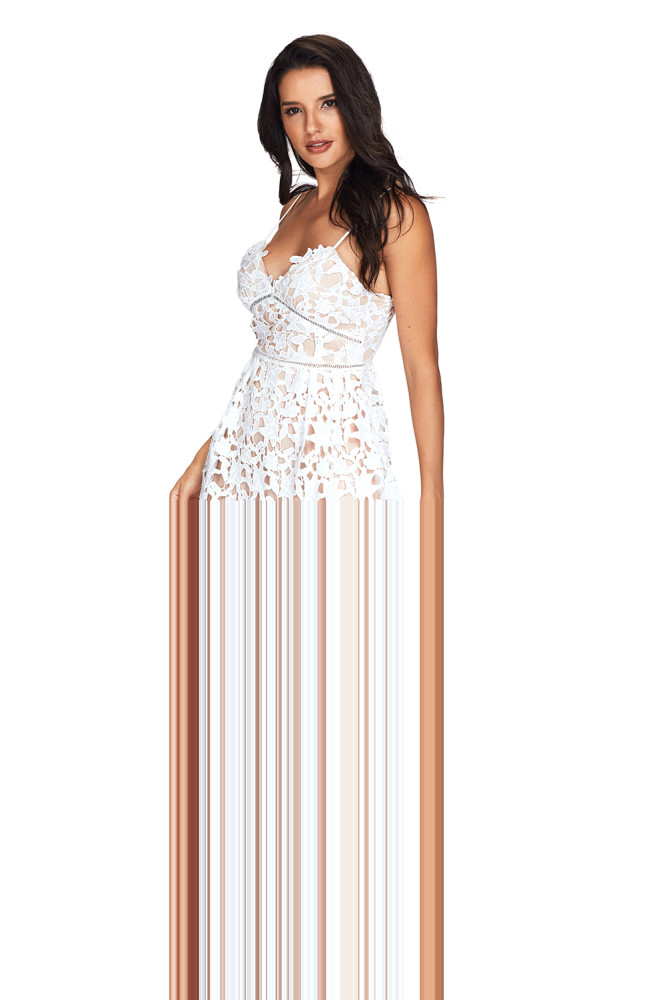White Lace Hollow Out Nude Illusion Party Dress