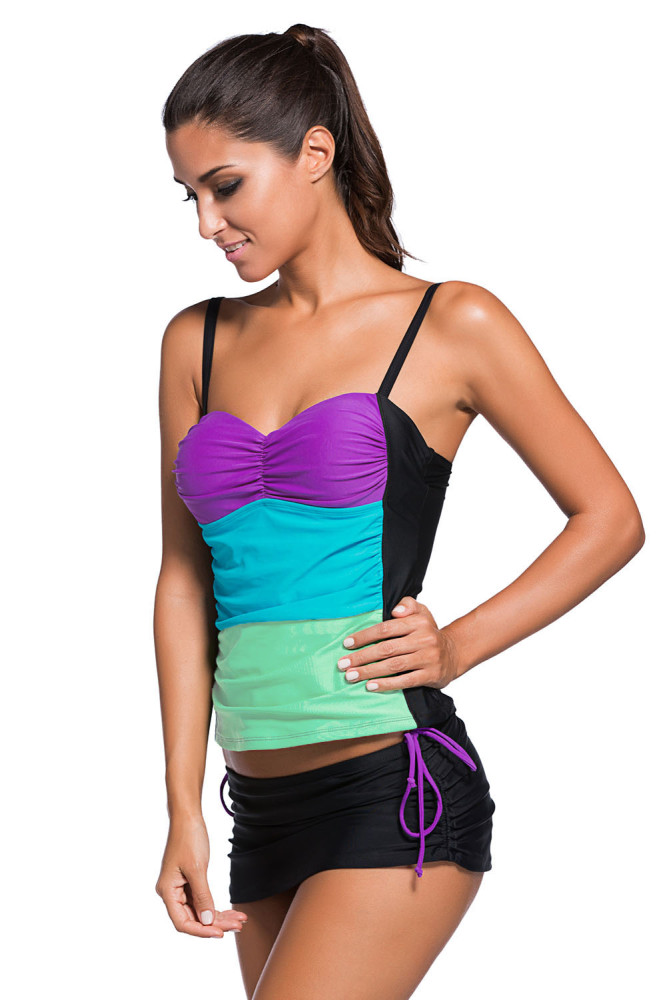 Purple Colorblock Bandeau Tankini Black Skort Set