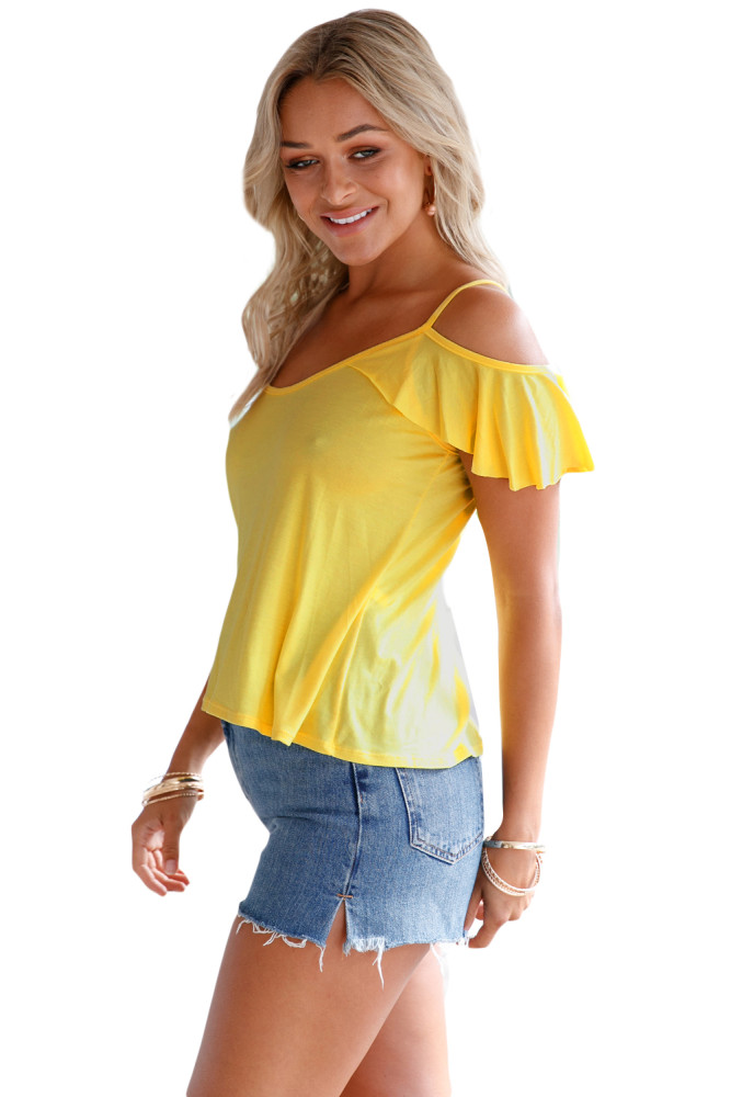 Yellow Crisscross Back Ruffle Cold Shoulder Top