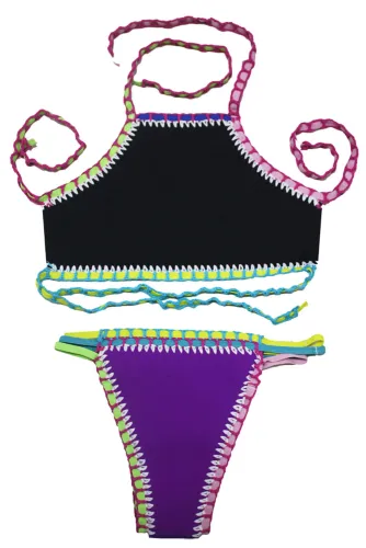 Purple Handmade Crochet Neoprene Tankini Swimsuit