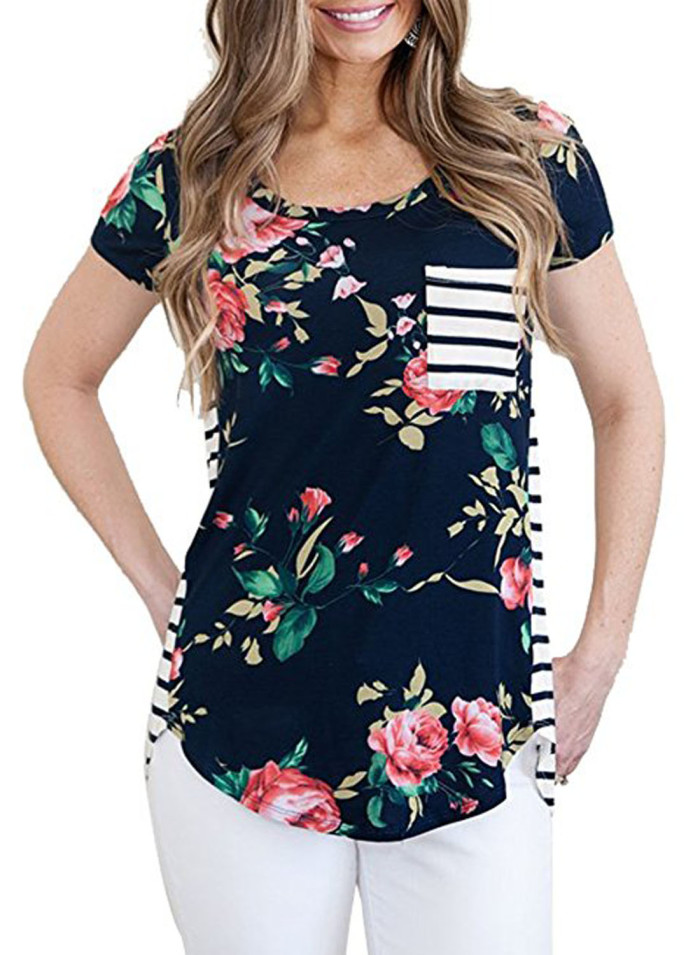 Navy Floral and Striped Casual T-shirt