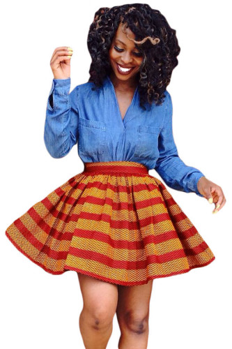 Red Orange Print Skater African Style Mini Skirt