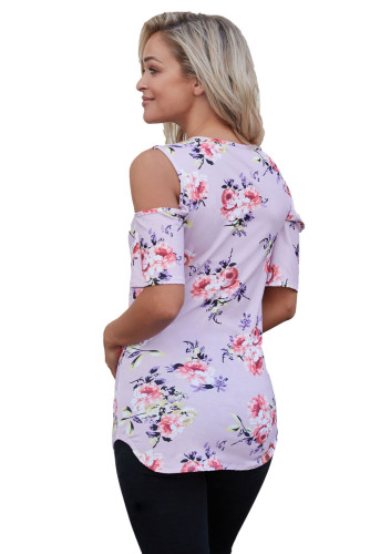 Lavender Floral Print Crisscross Neck Cold Shoulder Top