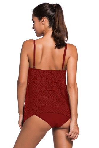 Burgundy Lace Overlay Spaghetti Straps Tankini Swimsuit