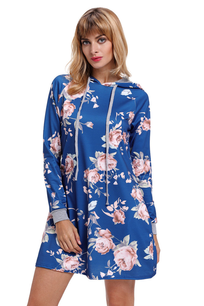 Slate Blue Floral Print Drawstring Hoodie Dress