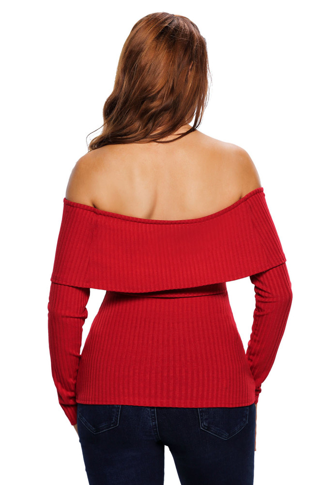 Wine Knit Off Shoulder Ribbed Long Sleeves Top