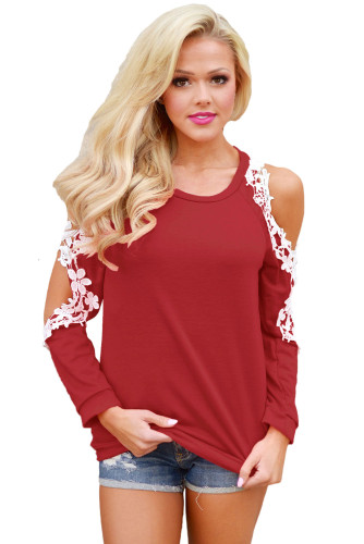 Lace Trim Cold Shoulder Burgundy Long Sleeve Top