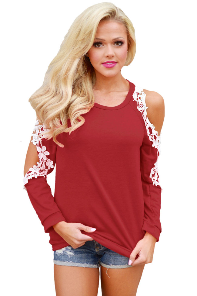Lace Trim Cold Shoulder Burgundy Long Sleeve Top