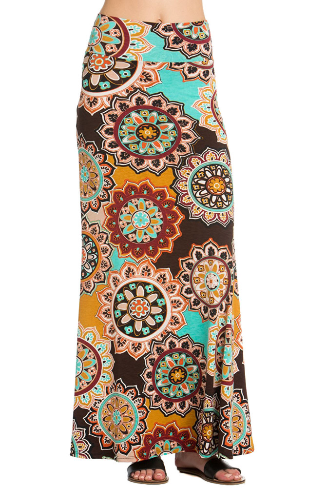 Brown Yellow Bohemian Print Maxi Skirt