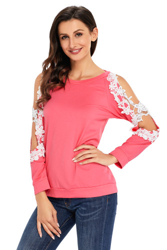 Lace Trim Cold Shoulder Coral Long Sleeve Top