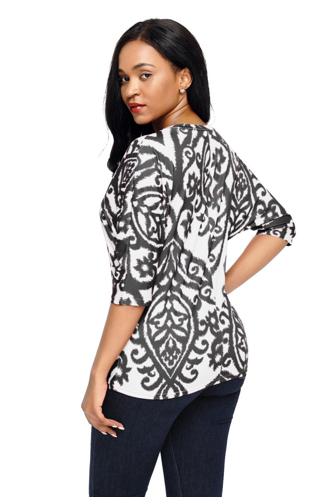 White Black Damask Print Half Sleeve Top