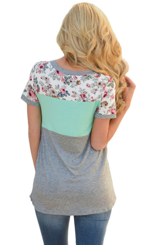 Floral Print Mint Gray Colorblock T-shirt