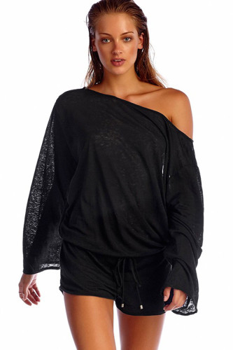 Black Oversize Bodice Long Sleeve Hollow-out Back Romper