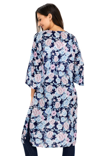 Dark Blue Floral Side Slit Boho Kimono