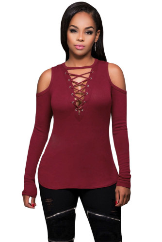 Burgundy Long Sleeve Cut-out Shoulder Ribbed Top