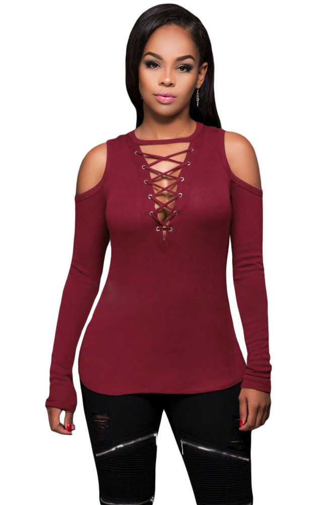 Burgundy Long Sleeve Cut-out Shoulder Ribbed Top