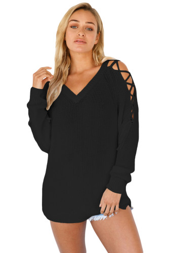 Black Lace up Shoulder Loose Fit Sweater Top