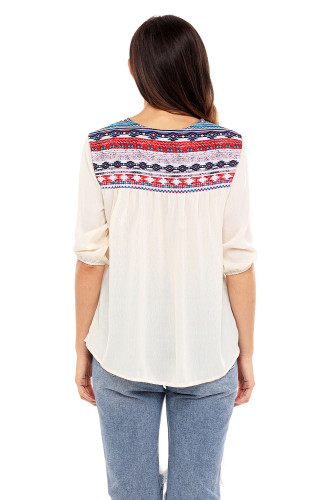 Delicate Printed Neck 3/4 Sleeve Khaki Crepe Top