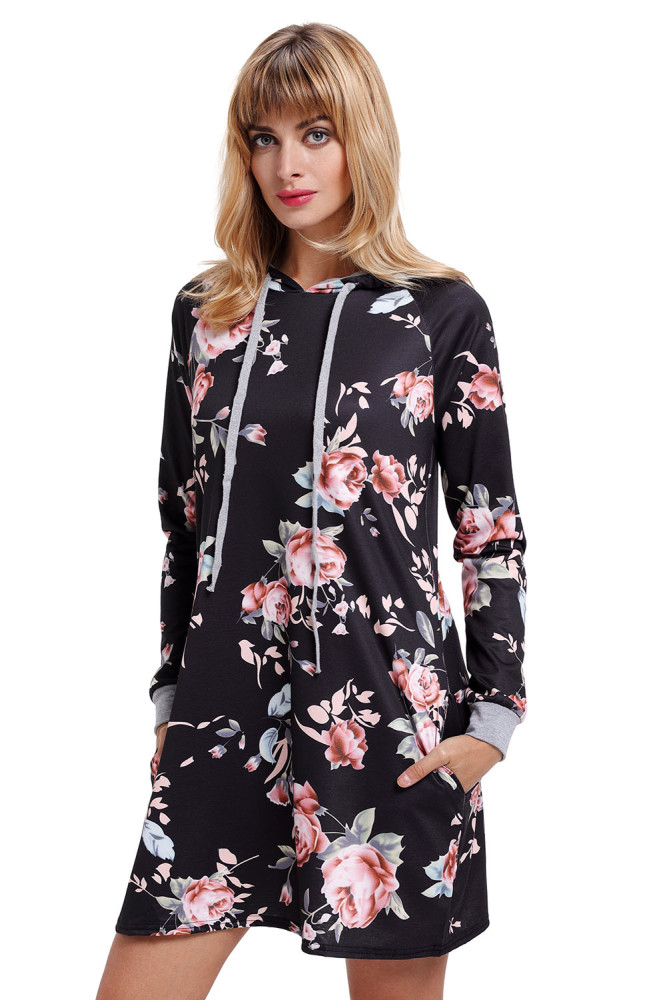 Black Floral Print Drawstring Hoodie Dress