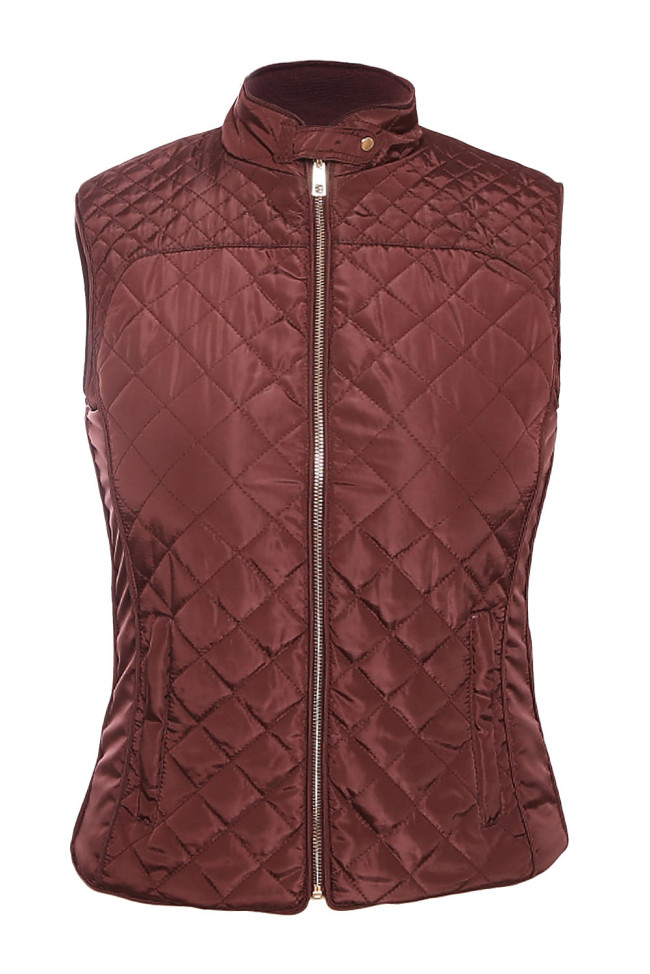 Burgundy High Neck Diamond Cotton Quilted Vest Coat