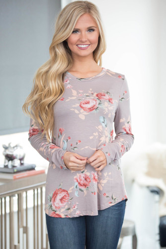 Khaki Long Sleeve Floral Autumn Womens Top