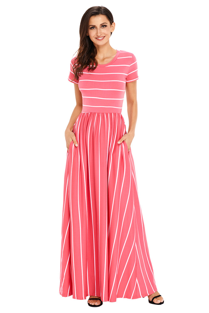 White Striped Rosy Short Sleeve Maxi Dress