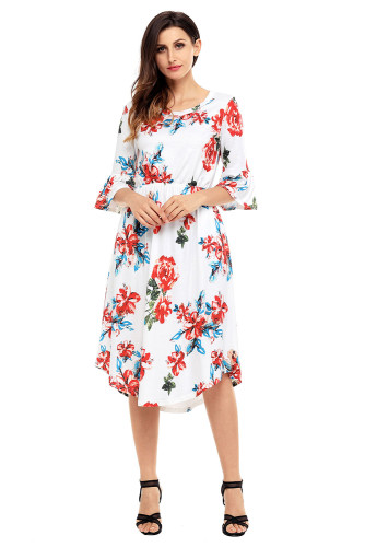 White 3/4 Bell Sleeve Floral Midi Dress